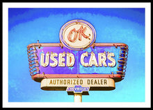 Load image into Gallery viewer, Photo Of A Vintage Ok Used Cars Sign - Framed Print