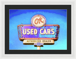 Photo Of A Vintage Ok Used Cars Sign - Framed Print