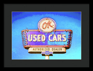 Photo Of A Vintage Ok Used Cars Sign - Framed Print