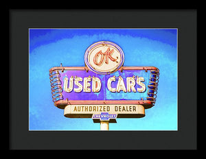 Photo Of A Vintage Ok Used Cars Sign - Framed Print