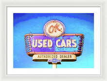 Load image into Gallery viewer, Photo Of A Vintage Ok Used Cars Sign - Framed Print