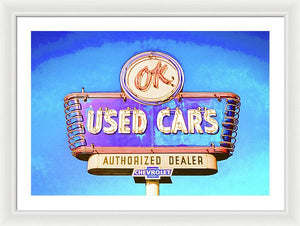 Photo Of A Vintage Ok Used Cars Sign - Framed Print