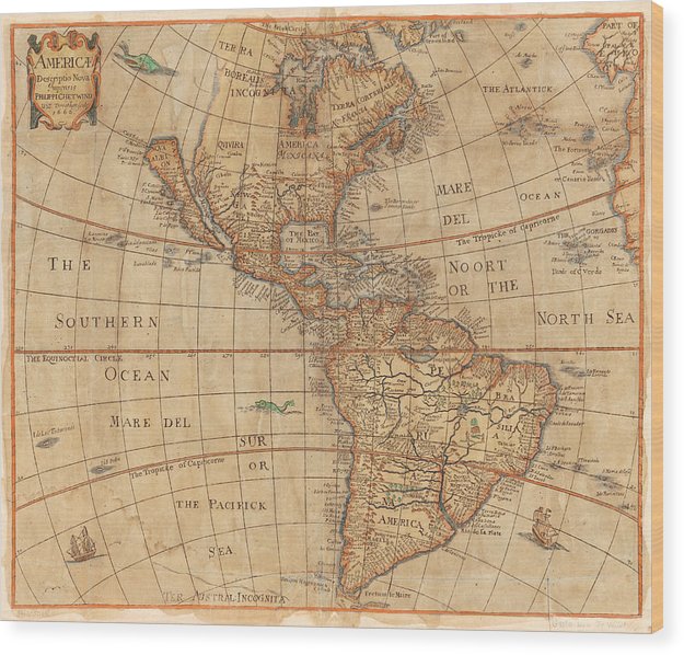 Old Map Of The Americas 1660  - Wood Print