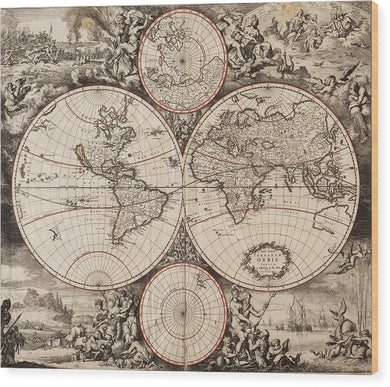 Old 1675 Map Of The World - Wood Print