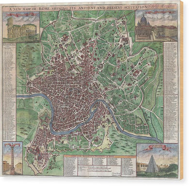 Old 1721 Map Of Rome - Wood Print