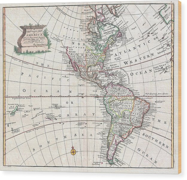 Old Map Of The Americas 1747 - Wood Print