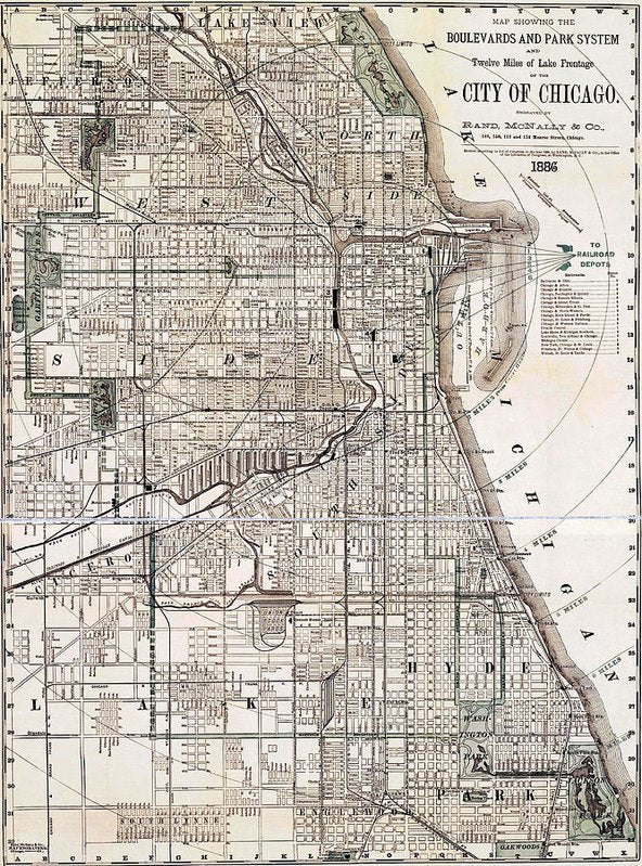 Old Map Of Chicago 1886 - Art Print