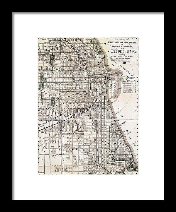 Old Map Of Chicago 1886 - Framed Print