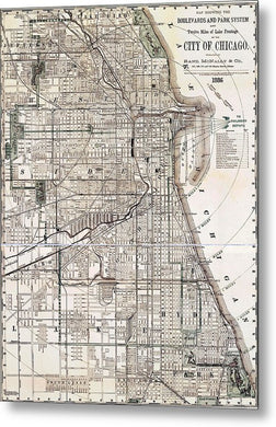 Old Map Of Chicago 1886 - Metal Print