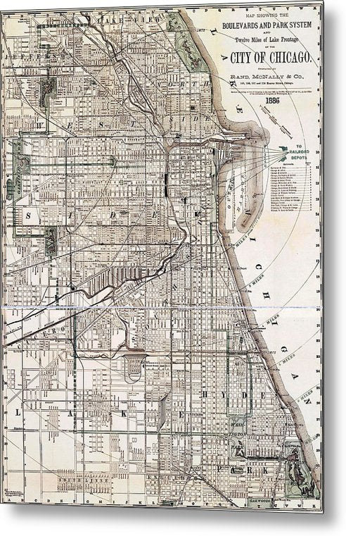 Old Map Of Chicago 1886 - Metal Print