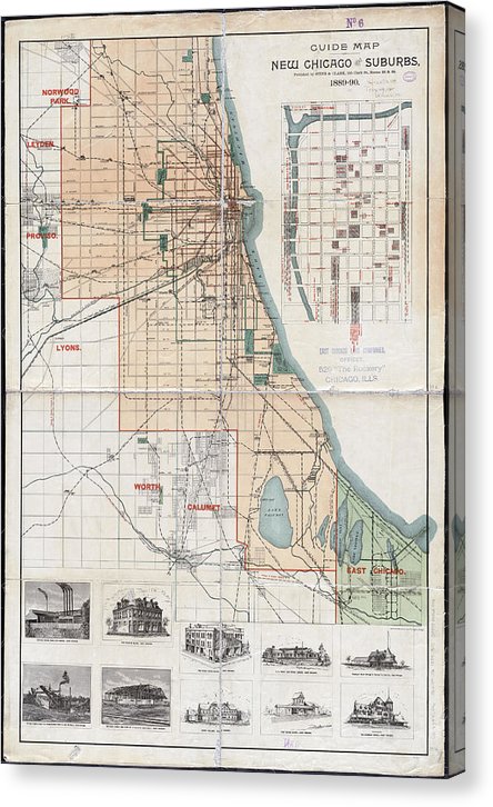 Old Guide Map Of Chicago 1889 - Canvas Print