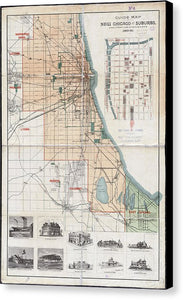 Old Guide Map Of Chicago 1889 - Canvas Print