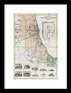 Old Guide Map Of Chicago 1889 - Framed Print