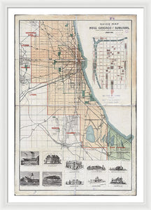 Old Guide Map Of Chicago 1889 - Framed Print