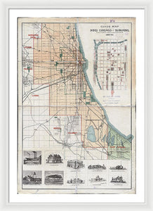 Old Guide Map Of Chicago 1889 - Framed Print