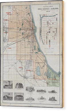 Old Guide Map Of Chicago 1889 - Wood Print