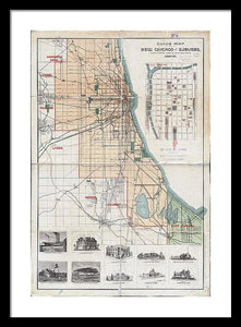 Old Guide Map Of Chicago 1889 - Framed Print