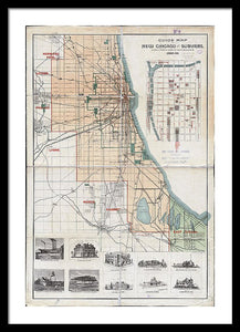 Old Guide Map Of Chicago 1889 - Framed Print