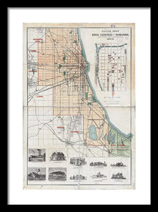 Old Guide Map Of Chicago 1889 - Framed Print