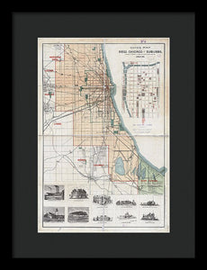 Old Guide Map Of Chicago 1889 - Framed Print