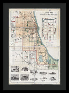 Old Guide Map Of Chicago 1889 - Framed Print