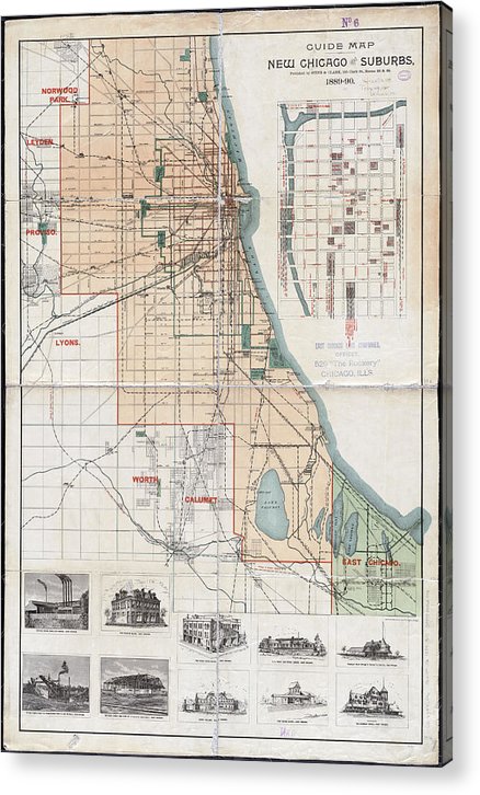 Old Guide Map Of Chicago 1889 - Acrylic Print