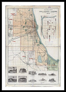 Old Guide Map Of Chicago 1889 - Framed Print