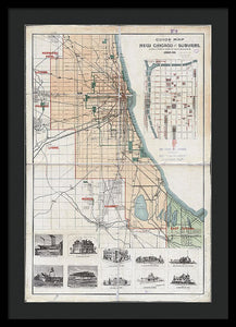 Old Guide Map Of Chicago 1889 - Framed Print