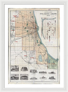 Old Guide Map Of Chicago 1889 - Framed Print