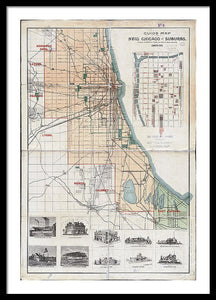 Old Guide Map Of Chicago 1889 - Framed Print