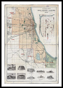 Old Guide Map Of Chicago 1889 - Framed Print