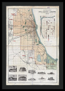 Old Guide Map Of Chicago 1889 - Framed Print