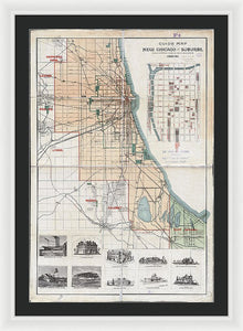 Old Guide Map Of Chicago 1889 - Framed Print