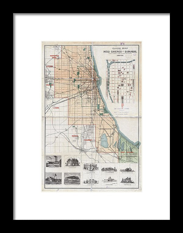 Old Guide Map Of Chicago 1889 - Framed Print