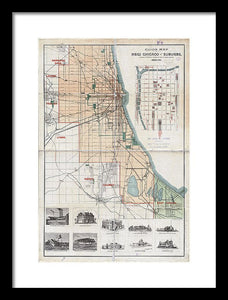 Old Guide Map Of Chicago 1889 - Framed Print