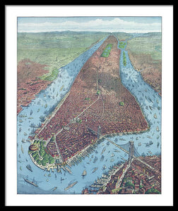 Old Map Aerial View Of New York City 1879 - Framed Print