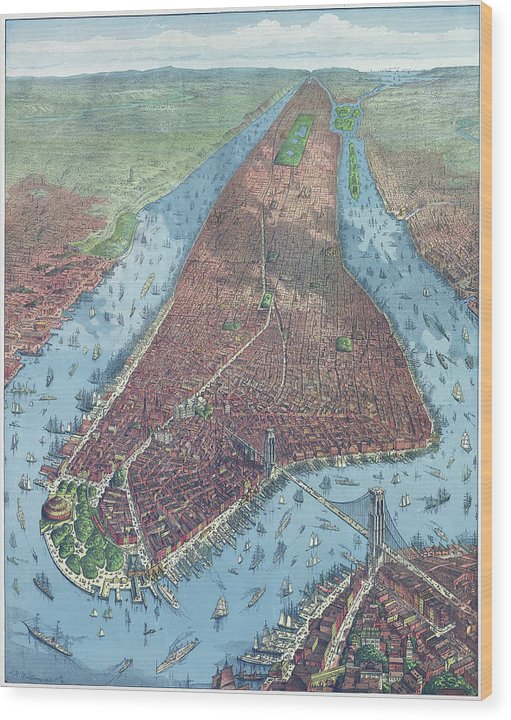 Old Map Aerial View Of New York City 1879 - Wood Print