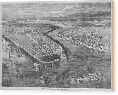 Old Map Of Birds Eye View Of New York City 1855 - Wood Print