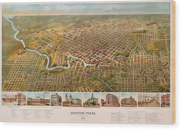 Old Map Of Houston 1891 - Wood Print