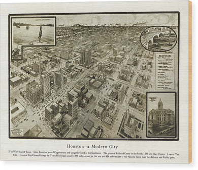 Old Map Of Houston - 1912 A Modern City - Wood Print