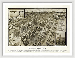 Old Map Of Houston - 1912 A Modern City - Framed Print