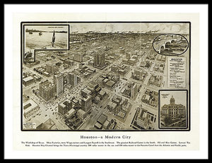 Old Map Of Houston - 1912 A Modern City - Framed Print