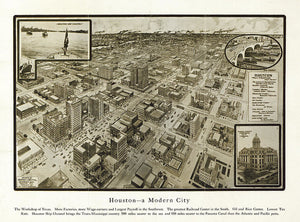 Old Map Of Houston - 1912 A Modern City - Art Print