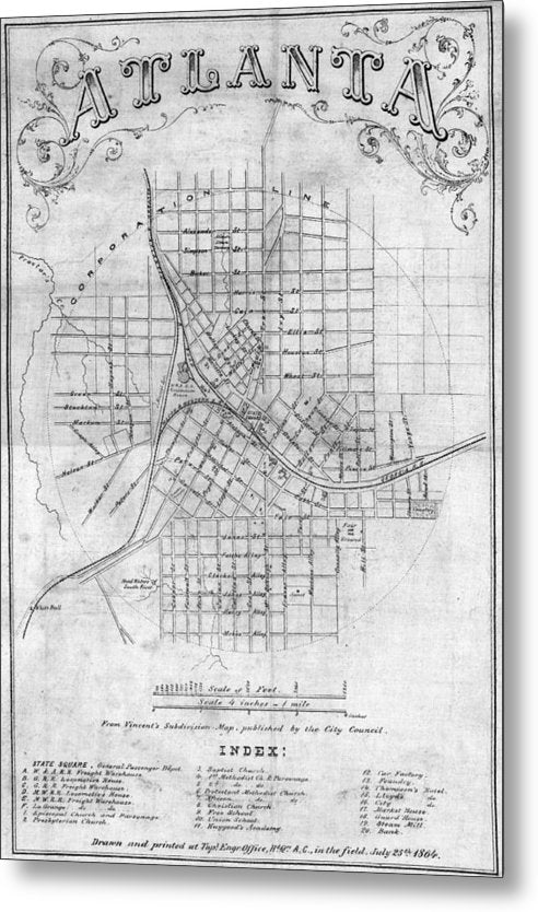 Map Of Atlanta 1864 - Metal Print