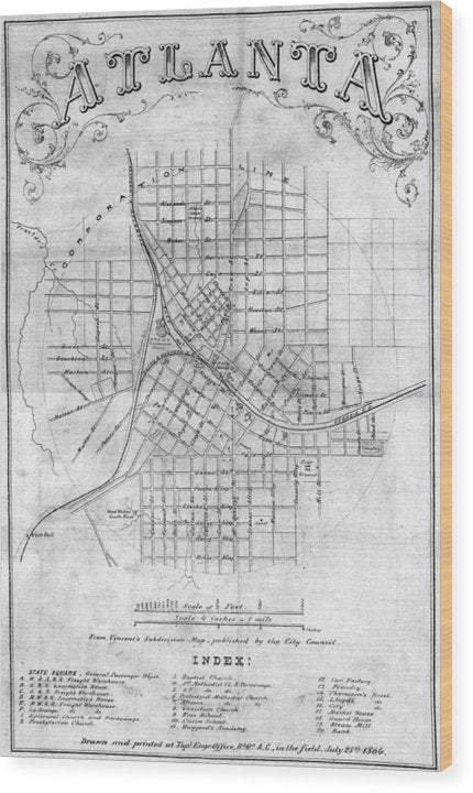 Old Map Of Atlanta 1864 - Wood Print