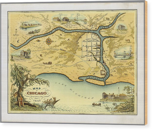 Map Of Chicago 1833 - Wood Print