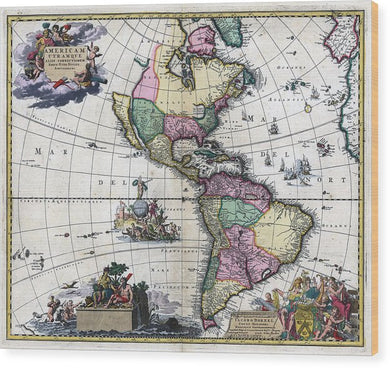 Old Map Of The Americas 1700 - Wood Print