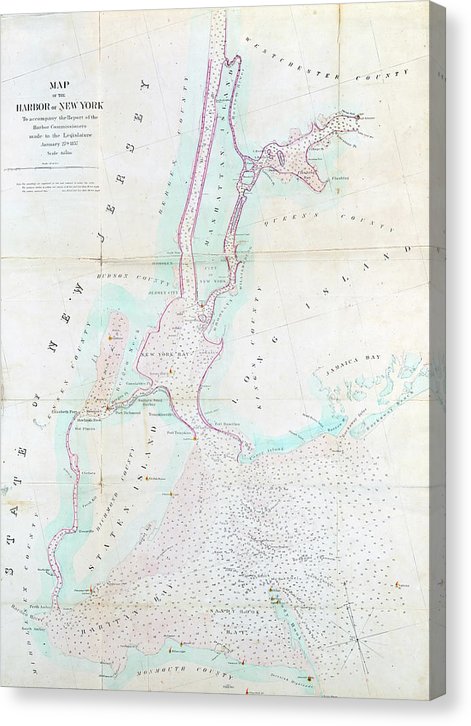 Old Map Of New York Harbor 1857 - Canvas Print