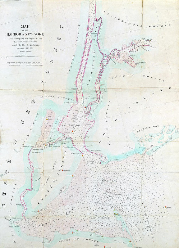 Old Map Of New York Harbor 1857 - Art Print