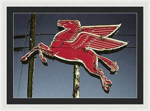 Old, Vintage Gas Sign - Mobil Flying Red Horse - Framed Print